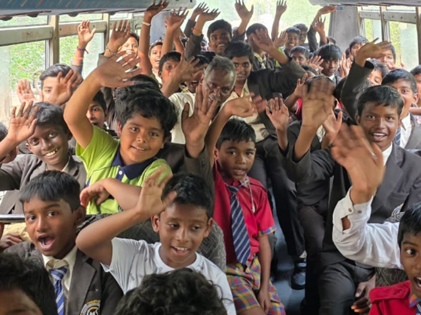 Indian Christian School children on a school bus